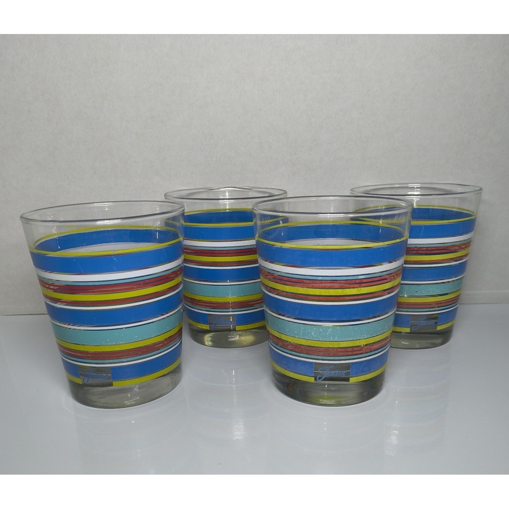4 Fiestaware Striped Juice Highball Glasses W Fiesta Logo Blue Aqua Red Yellow
